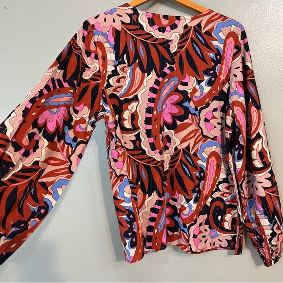 Belle Boho Kim Grauel Floral Red Pink Long Ballon Sleeve Blouse Button L New - Picture 3 of 14